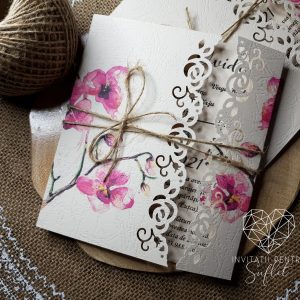 Invitație perforată manual rustic orchid